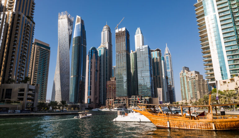 Dubai, UAE – October, 2018. Skycrapers at Dubai Marina. Dubai marina at night night cityscape lights